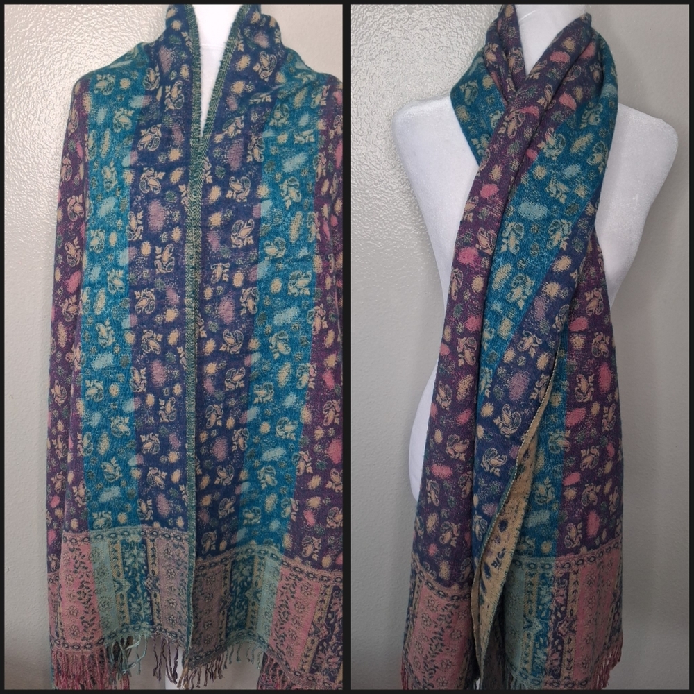 Pashmina Paisley Floral Pink Purple Shawl Wrap Scarf Shawl 27”x78” Fringe